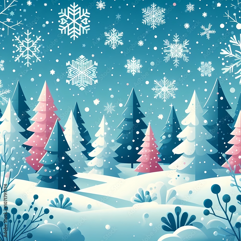 Obraz premium Snowy winter wonderland with trees and snowflakes, flat style