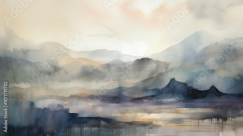 Delicate watercolor landscape painting. Calm lake and and misty mountains with gentle slopes.