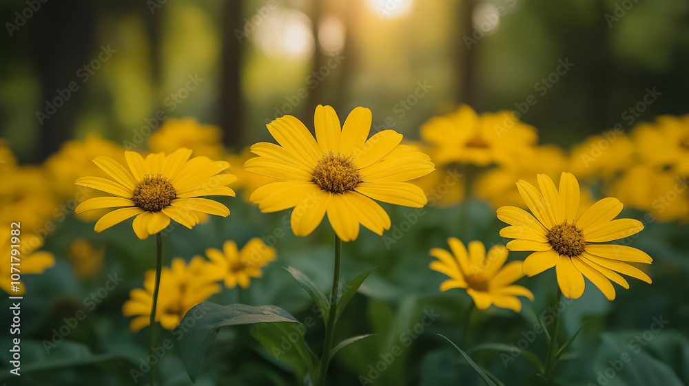 Fototapeta premium A field of yellow flowers with a bright sun shining on them. The flowers are in full bloom and are scattered throughout the field. The scene is peaceful and serene