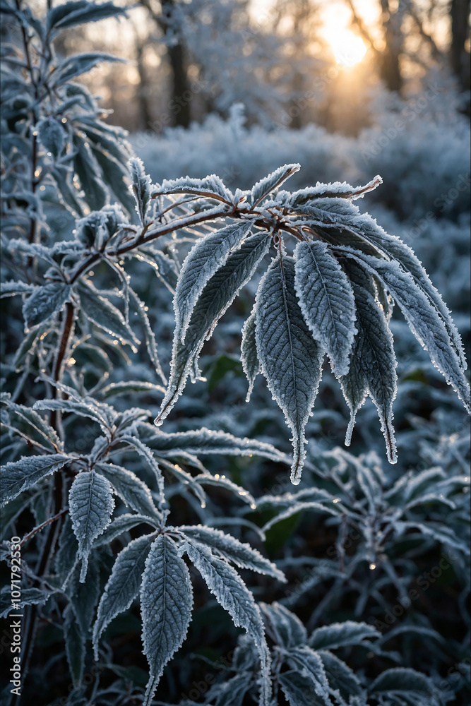 Frost-covered leaves and branches in the early morning