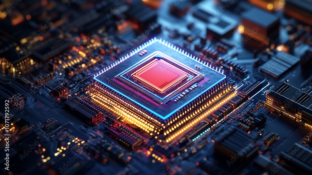 Close-up of a glowing processor chip on a circuit board. Close-up of a glowing processor chip on a circuit board.
