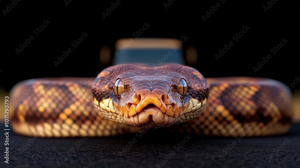 Close up of a Boa Constrictor Snake on a Road Blurred Truck in the Background Close up of a Boa Constrictor Snake on a Road Blurred Truck in the Background