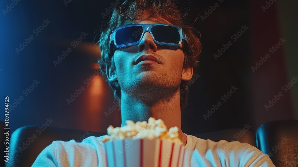 Obraz premium Young handsome man in 3d glasses eating popcorn and watching movie in cinema,Exciting movie,people eating popcorn and drinking soda while watching movie,Relax concept.