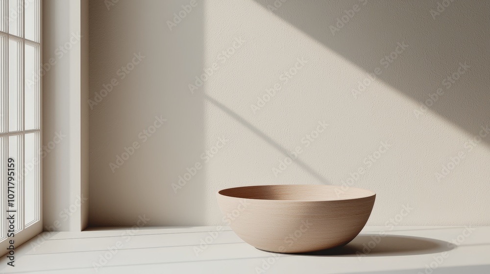 Wooden Bowl on White Table with Sunlight and Window Shadow