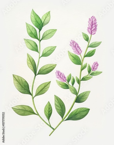 A delicate illustration of a flowering plant featuring green leaves and purple blossoms, showcasing natural beauty and botanical art.