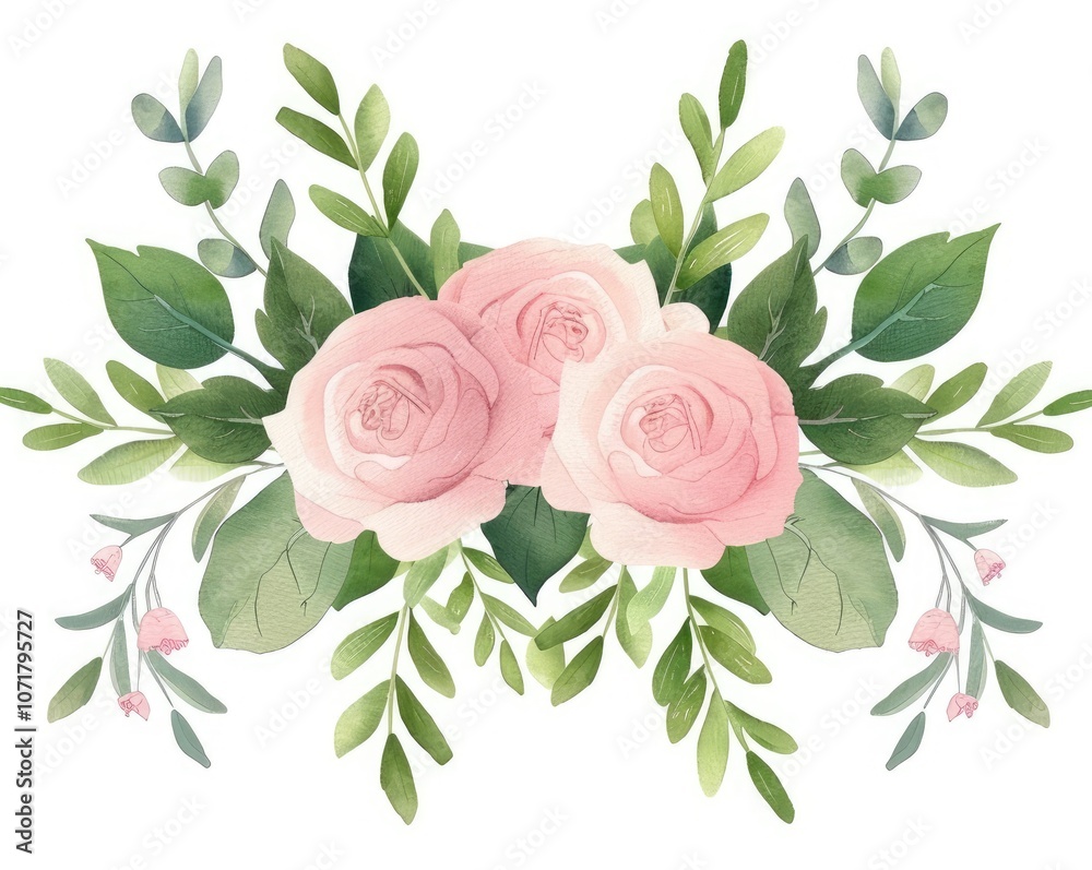 Fototapeta premium A delicate watercolor illustration featuring three pink roses surrounded by lush green leaves and small pink flowers.