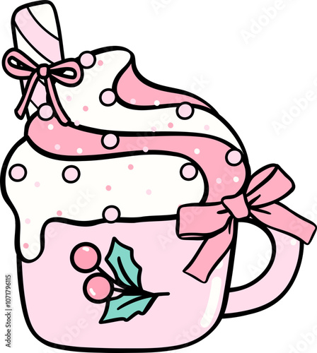 Coquette Christmas Pink Whipped Cream Drinks with ribbon bow doodle lined pastel