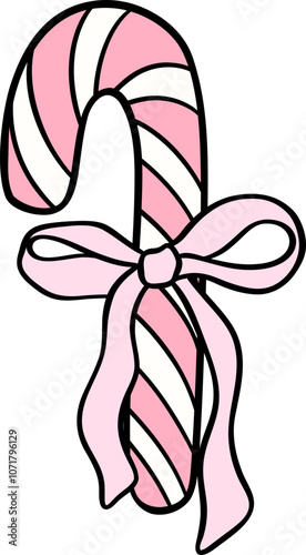Coquette Christmas Pink Candy Cane with ribbon bow doodle lined pastel