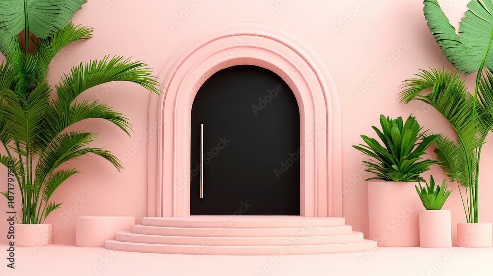 Fototapeta premium Pink Archway Minimalist Doorway with Palm Trees and Plants