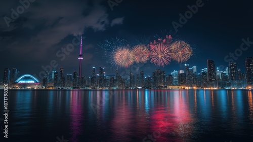 Fireworks exploding over toronto skyline at night with colorful reflections in water