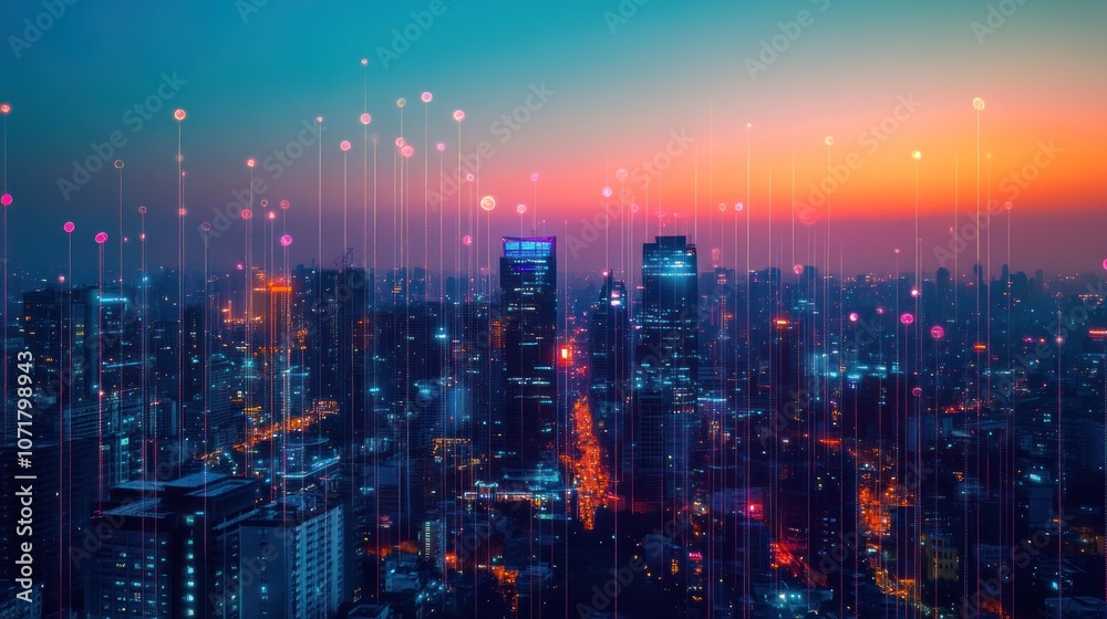 Obraz premium A vibrant cityscape at dusk with digital elements overlaying the skyline.