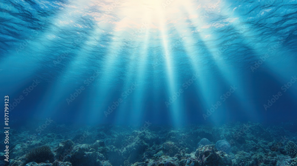 Naklejka premium Underwater Sunlight Beams Ocean Floor Deep Blue Sea Coral Reef Background