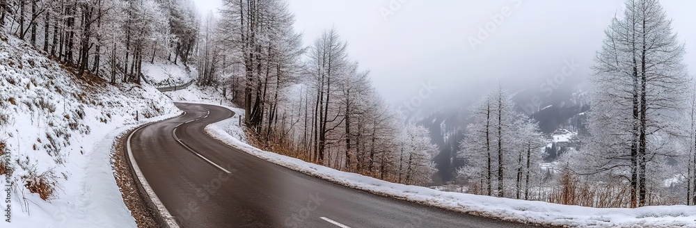 A panoramic view of an empty, winding road in the Alps in winter, with snow covering everything.
A panoramic view of an empty, winding road in the Alps in winter, with snow covering everything.