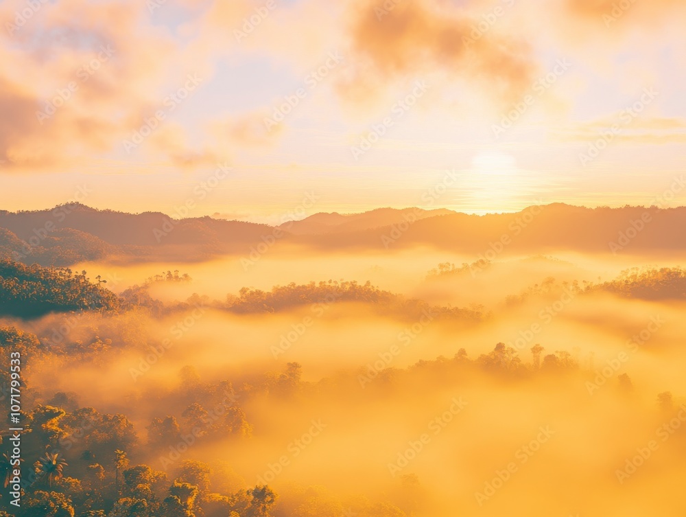 Fototapeta premium Golden Sunrise Over Misty Mountains
