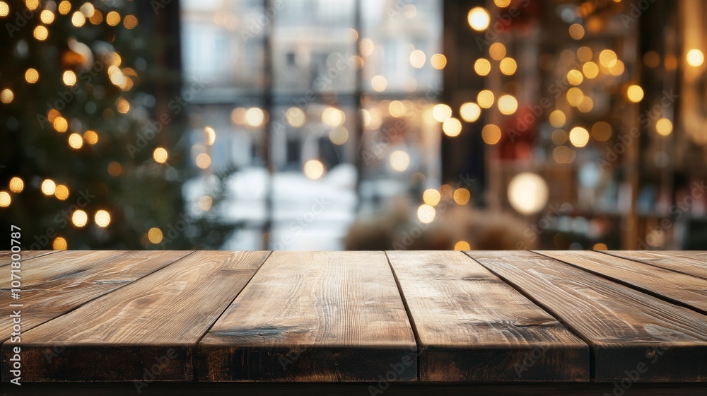 Naklejka premium Rustic wooden table with warm tones, blurred background hinting at cozy indoor setting, perfect for autumn or winter themes.