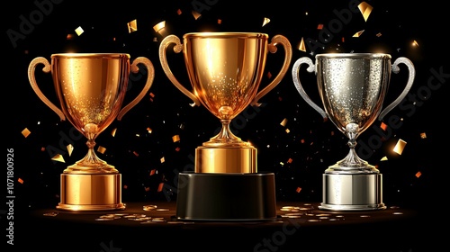 Golden, silver and bronze metallic trophy cups on a podium in the spotlight, achievement, competition, success, award