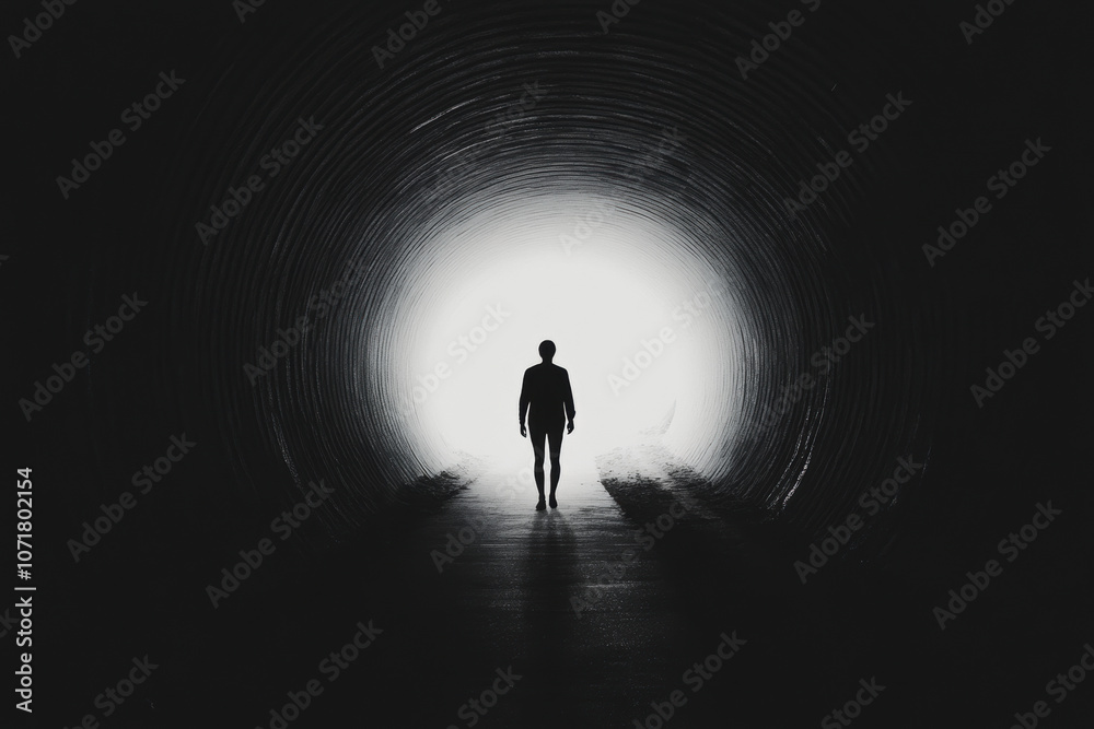 Fototapeta premium A lone figure stands in a dark tunnel, illuminated by a bright light at the end, symbolizing hope or transition.