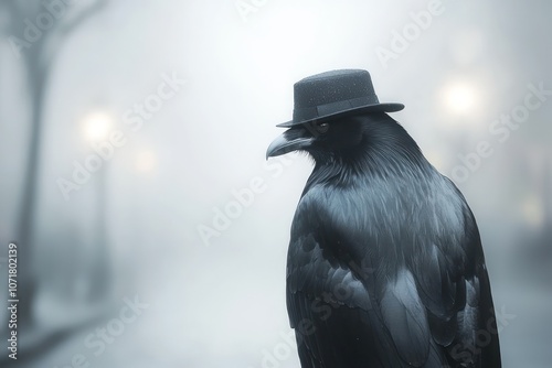 Crow detective in hat and cape solving mysteries in a fog-laden city. photo