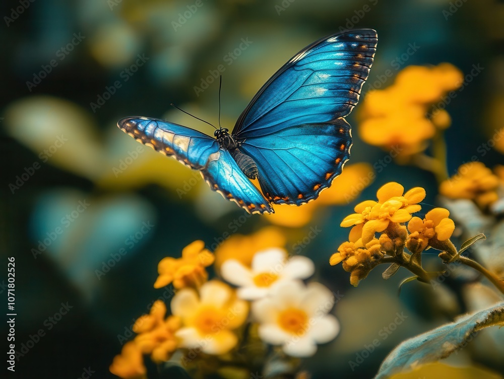 Obraz premium close-up portrait of a beautiful blue butterfly in flight, showcasing its delicate wings and vibrant colors, depicting grace and the beauty of nature in full bloom