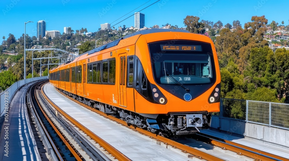 Naklejka premium A dynamic orange train races through the city on an elevated track under bright midday sun