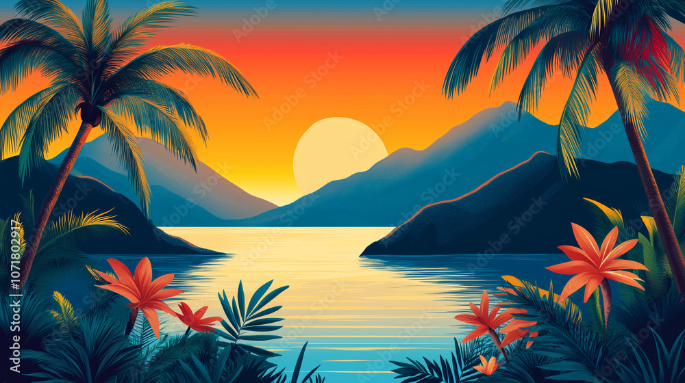 Obraz premium Sunset over tropical beach with palm trees and ocean view
