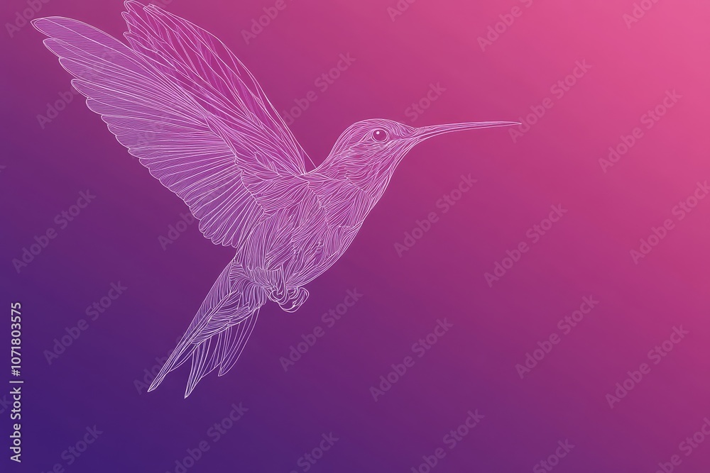 Obraz premium A delicate single line art drawing of a hummingbird in flight, captured against a gradient background of purple and pink hues. Symbolizing freedom, grace, beauty, nature, and art.