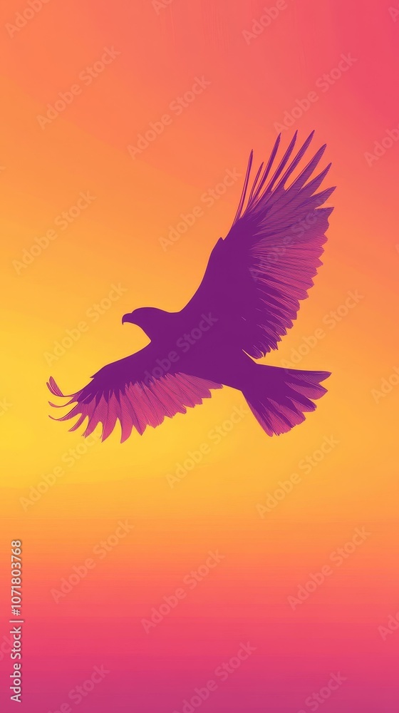 Obraz premium A vibrant line art illustration of a bird in flight against a sunset gradient, symbolizing freedom, hope, nature, beauty, and new beginnings.