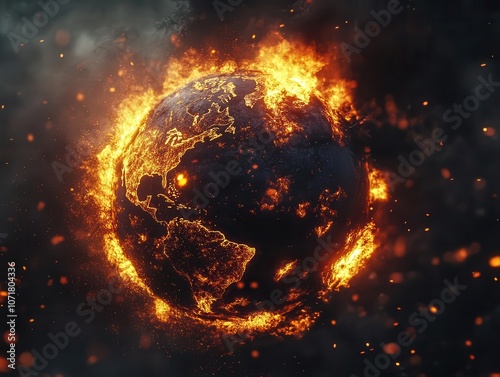 conceptual imagery of earth engulfed in flames, stark and powerful representation of global warming and climate change, emphasizing urgency and environmental awareness