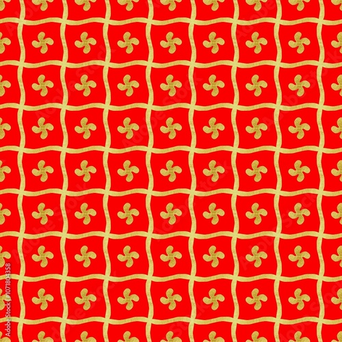 Gold floral seamless pattern on red background  photo