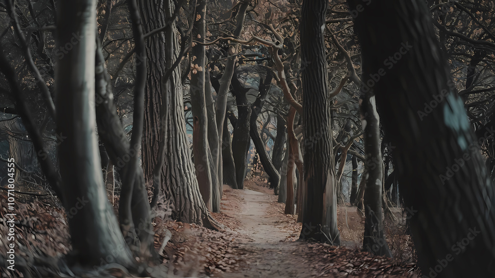 Obraz premium Serene forest pathway flanked by tall trees, surrounded by earthy tones and fallen leaves, inviting exploration into nature's tranquil beauty.