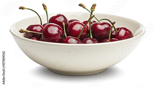 Freshly Picked Juicy Cherries in a White Bowl Isolated on a Light Background Perfect for Summer Desserts and Healthy Snacking