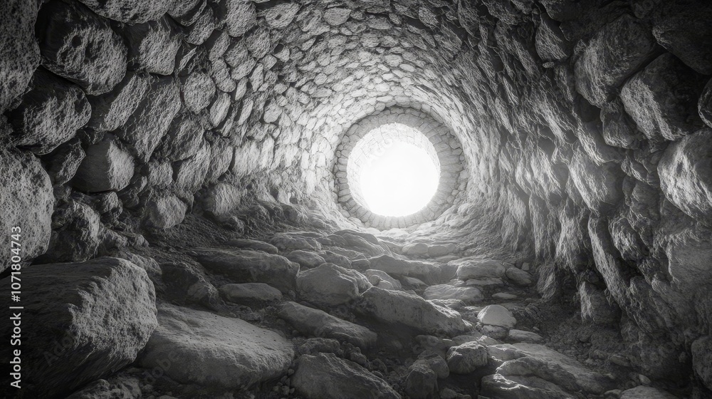 A stone well with a bright light at the end, symbolizing hope, perspective, journey, path, and future.