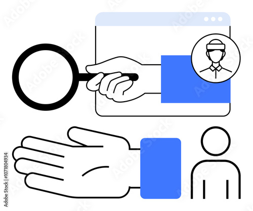 Detailed magnifying glass held in hand, user profile, outstretched hand, and web browser window. Ideal for analysis, identification, support, assistance, data discovery user interaction online