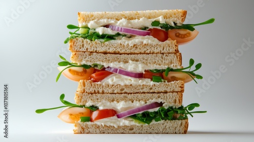 An assortment of sandwiches, each cut into perfect triangles and arranged on top of one another to form the shape. This a visually appealing scene that suggests freshness and healthiness. photo