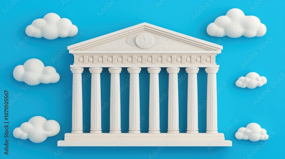 Fototapeta premium Greek Temple Columns with Clouds Minimalist 3D Render