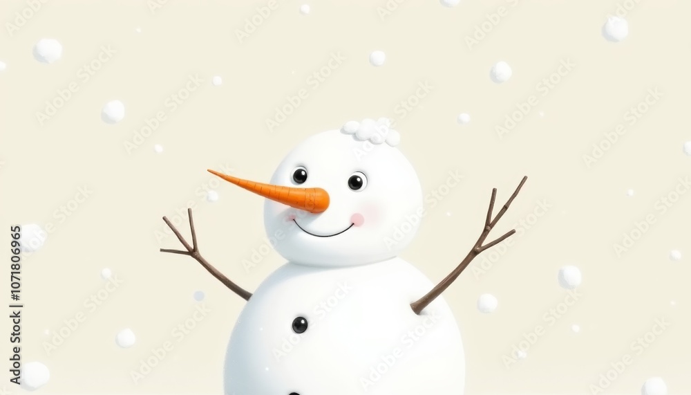 Obraz premium Delightful snowman with a carrot nose, cheerful mood, against a light beige background