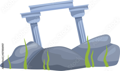 Remains of an ancient arch with columns standing on rocks and grass growing around, evoking a sense of history and decay