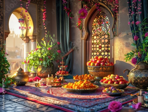A vibrant display of fruits and decorative elements in an ornate setting.