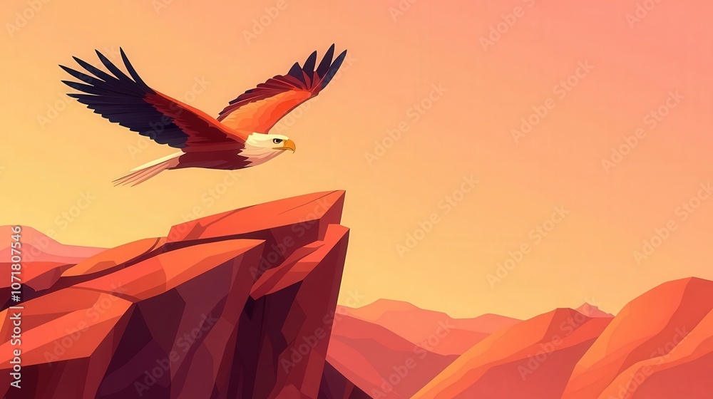 Fototapeta premium Bald Eagle Soaring Over Majestic Mountain Range Illustration
