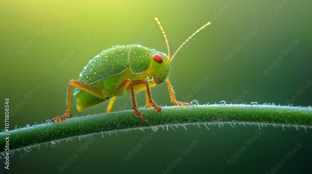 Vibrant Green Leafhopper on Stem - Macro Photography showcasing a detailed close-up of a green leafhopper insect on a green stem. The intricate details of the leafhopper's body, its red eyes, and the Vibrant Green Leafhopper on Stem - Macro Photography showcasing a detailed close-up of a green leafhopper insect on a green stem. The intricate details of the leafhopper's body, its red eyes, and the