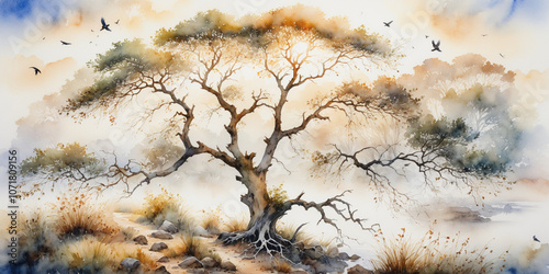Watercolor Painting of a Lonely Tree with Birds in a Misty Forest