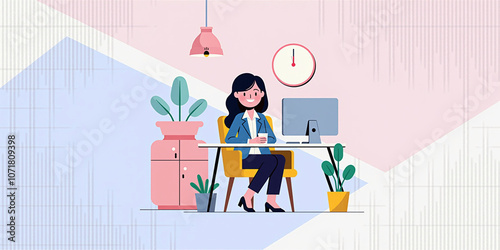 Happy Businesswoman Working at Desk with Computer and Plants Illustration