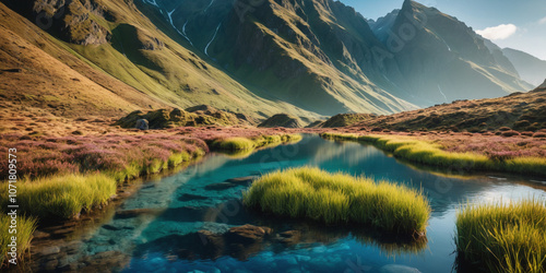 Mountain Lake with Clear Blue Water and Lush Green Grass