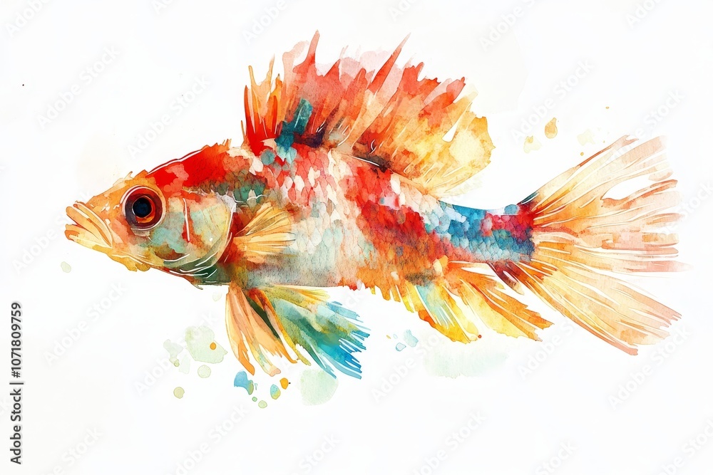 Fototapeta premium A colorful watercolor painting of a fish with vibrant red, orange, yellow, and blue colors, on a white background. This image evokes a sense of beauty, nature, tranquility, and the underwater world.