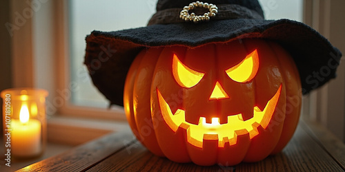 Glowing Jack O Lantern with Witch Hat for Halloween Decor