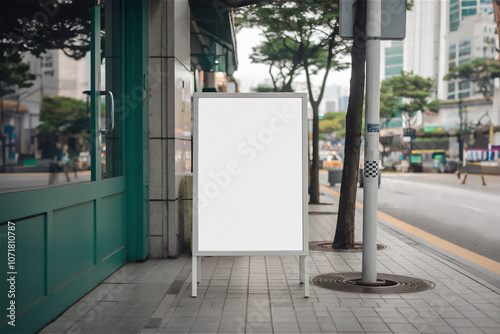 길거리에 있는 홍보용 A형 입간판 디자인 목업