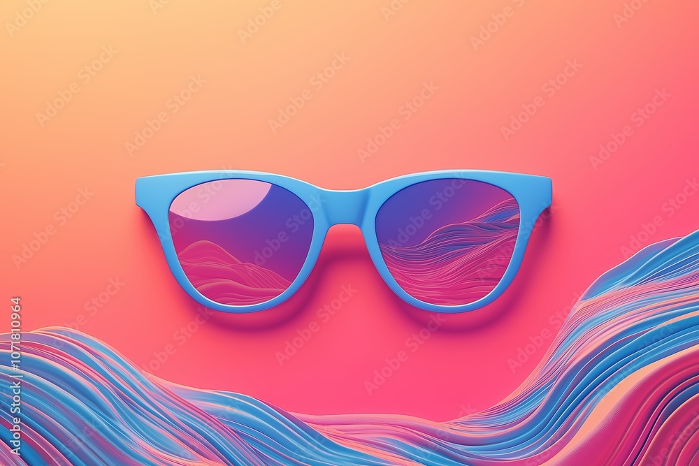 Vibrant blue sunglasses with reflective rainbow lenses on a colorful abstract background of flowing waves and gradients Vibrant blue sunglasses with reflective rainbow lenses on a colorful abstract background of flowing waves and gradients