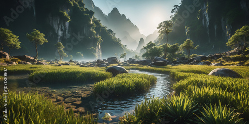 Serene Mountain Valley with Winding River and Lush Greenery