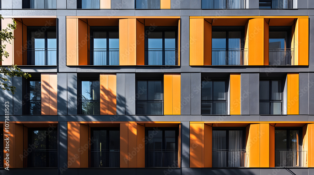 Moderne Fassade mit geometrischen Formen in Orange und Grau Moderne Fassade mit geometrischen Formen in Orange und Grau