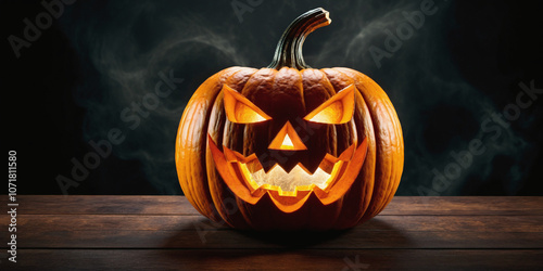 Glowing Jack o  Lantern with Scary Face on Wooden Table with Smoke Background